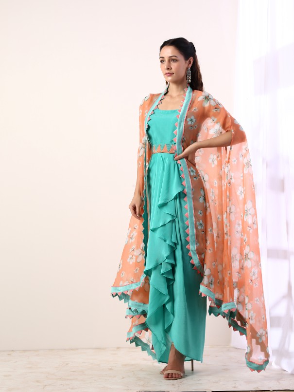 Coral Printed Cape With Teal Draped Dress Set Of 3