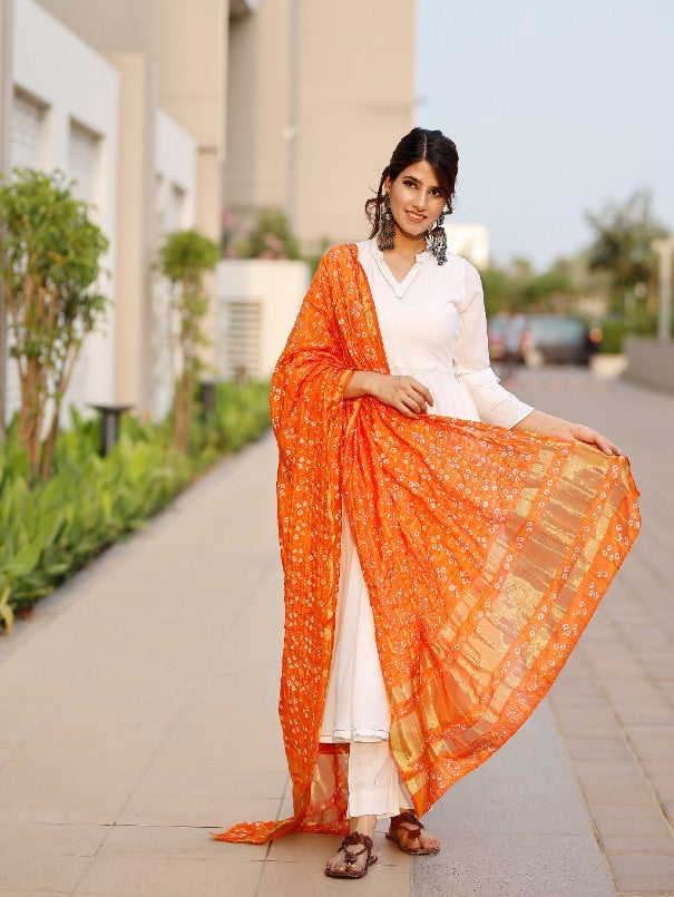 White Cotton Anarkali Kurta Set with Red Block Print Dupatta