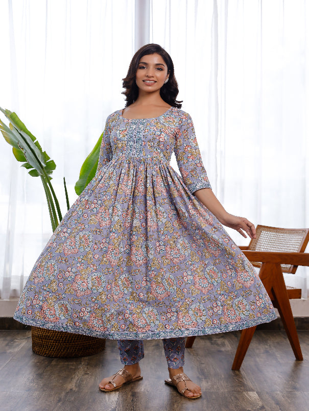 Purple Floral Block Printed Casual Cotton Anarkali Kurta Set Trendroots