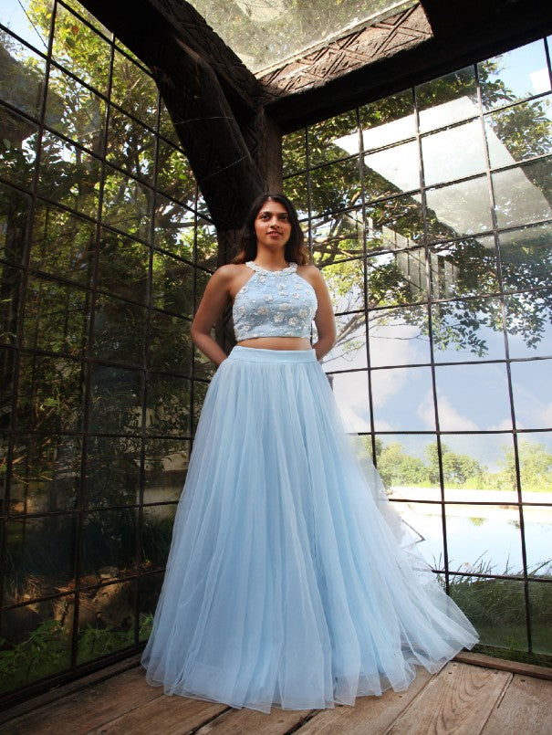 Powder Blue Halter Cut Blouse with Tulle Lehenga Skirt Set of 2 L