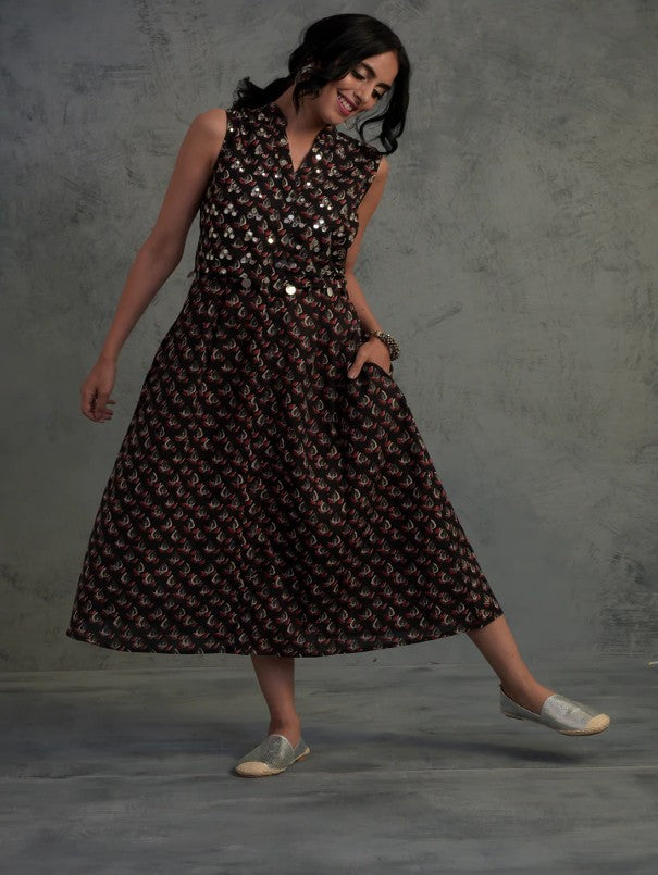 Black Block Printed Cotton Jacket Dress now available at Trendroots