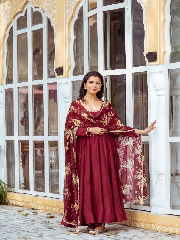 Maroon Anarkali Suit In Georgette Silk With Plain – ReplicaVilla