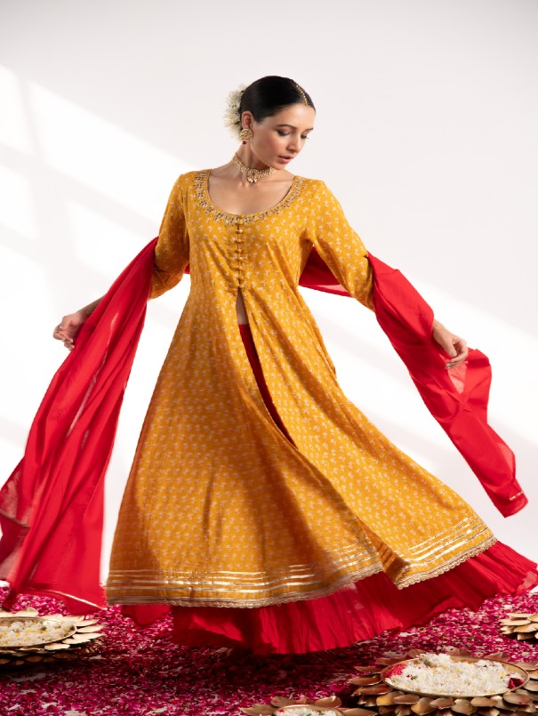 Mustard Red Embroidered Cotton Skirt Kurta Set Now at Trendroots L