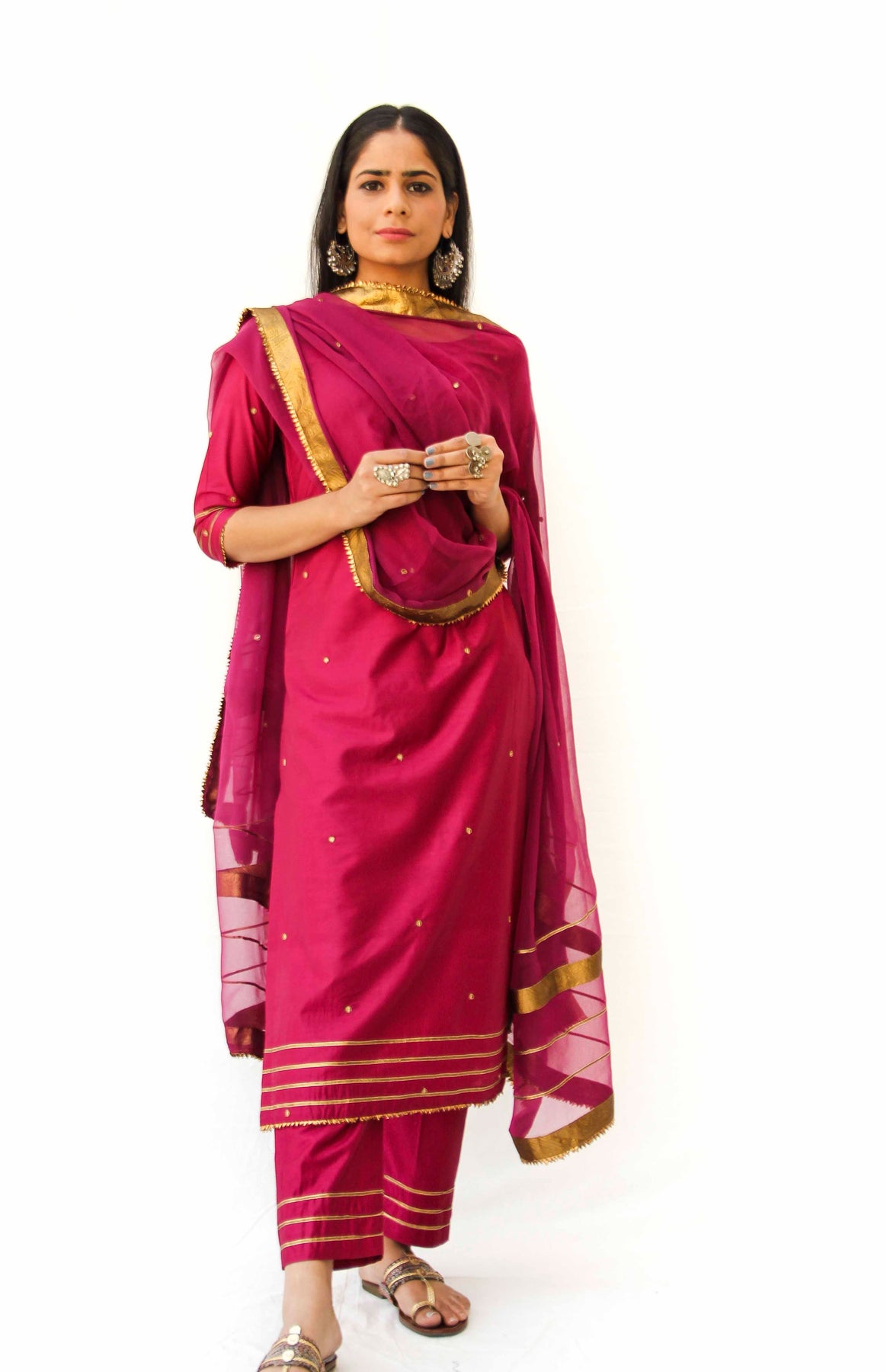 Straight Kurta with Cigarette Pants and Organza Dupatta - Palki Boutique